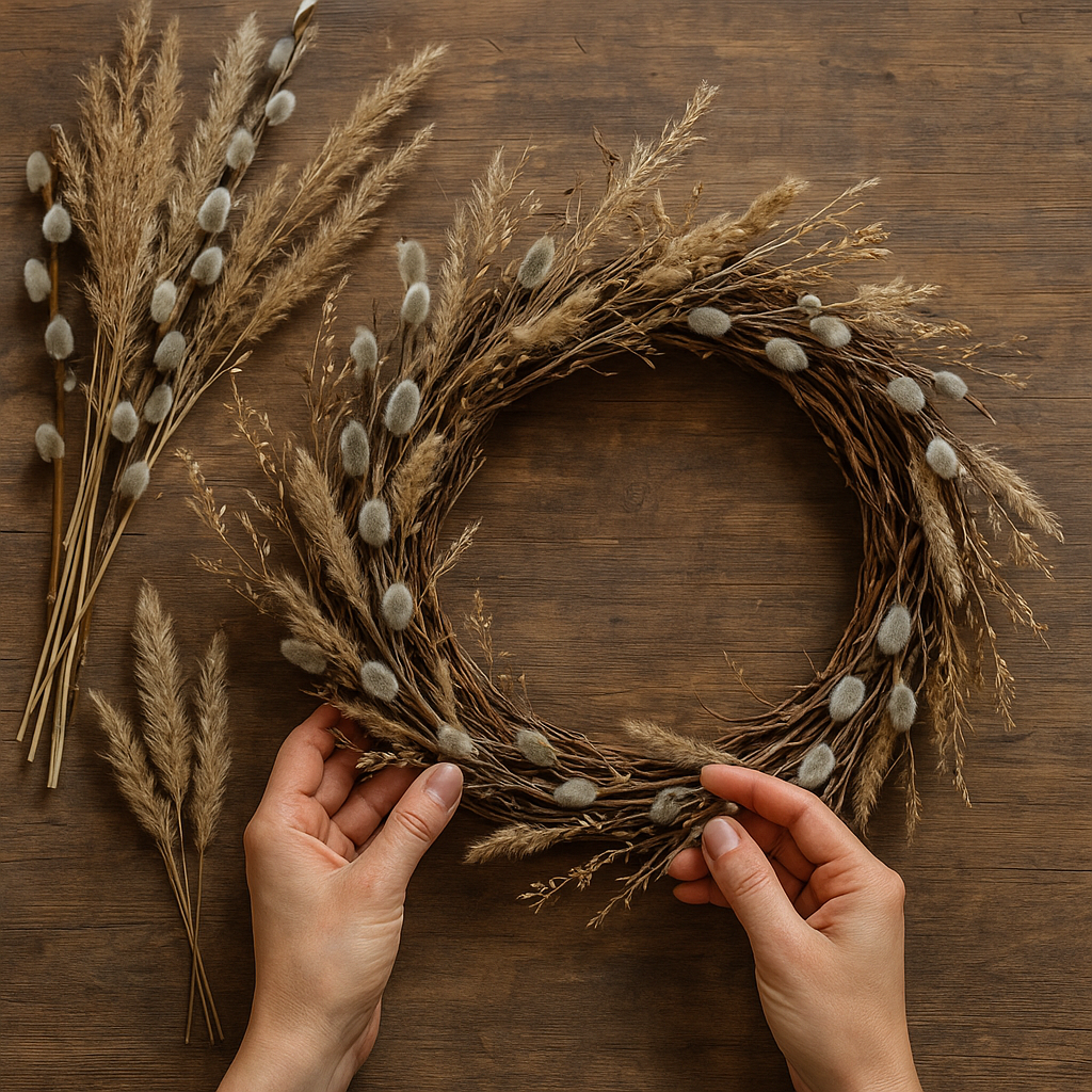 Jak stworzyć naturalny wianek z bazi, traw i suszonych roślin.